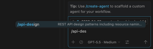 VS Code Agents dropdown showing a custom agent in the list