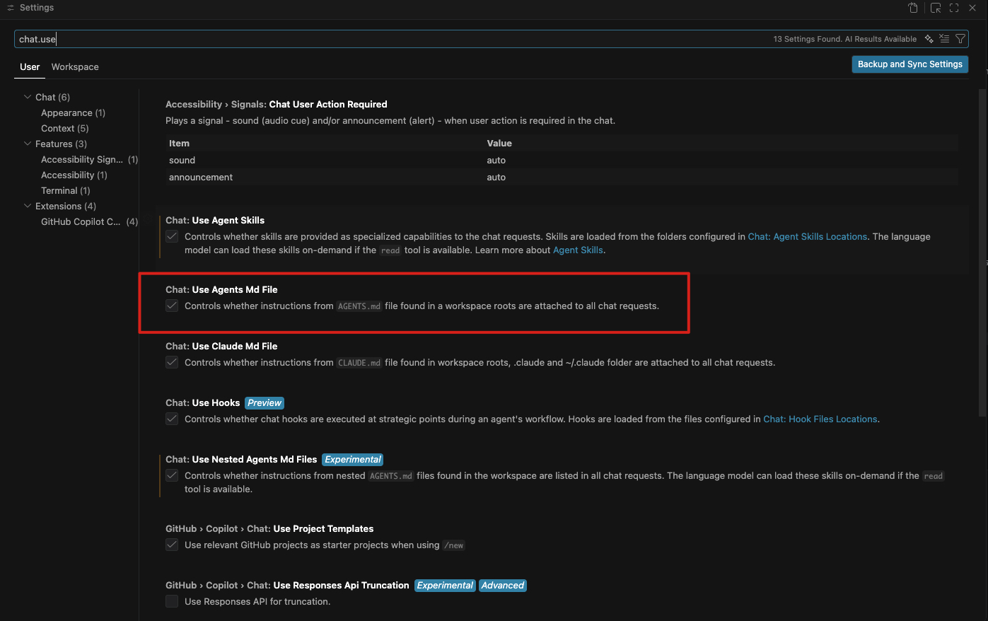 VS Code settings panel with chat.useAgentsMdFile enabled