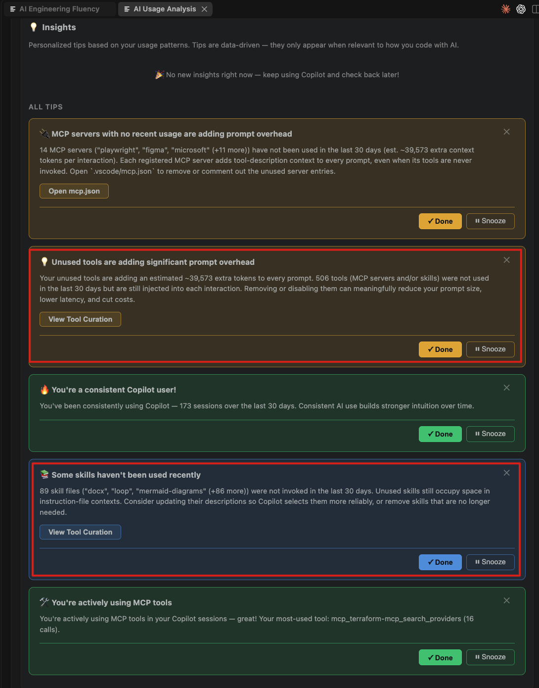 AI Engineering Fluency's usage-analysis tips flag unused MCP servers, unused tools, and unused skills with estimated context overhead.