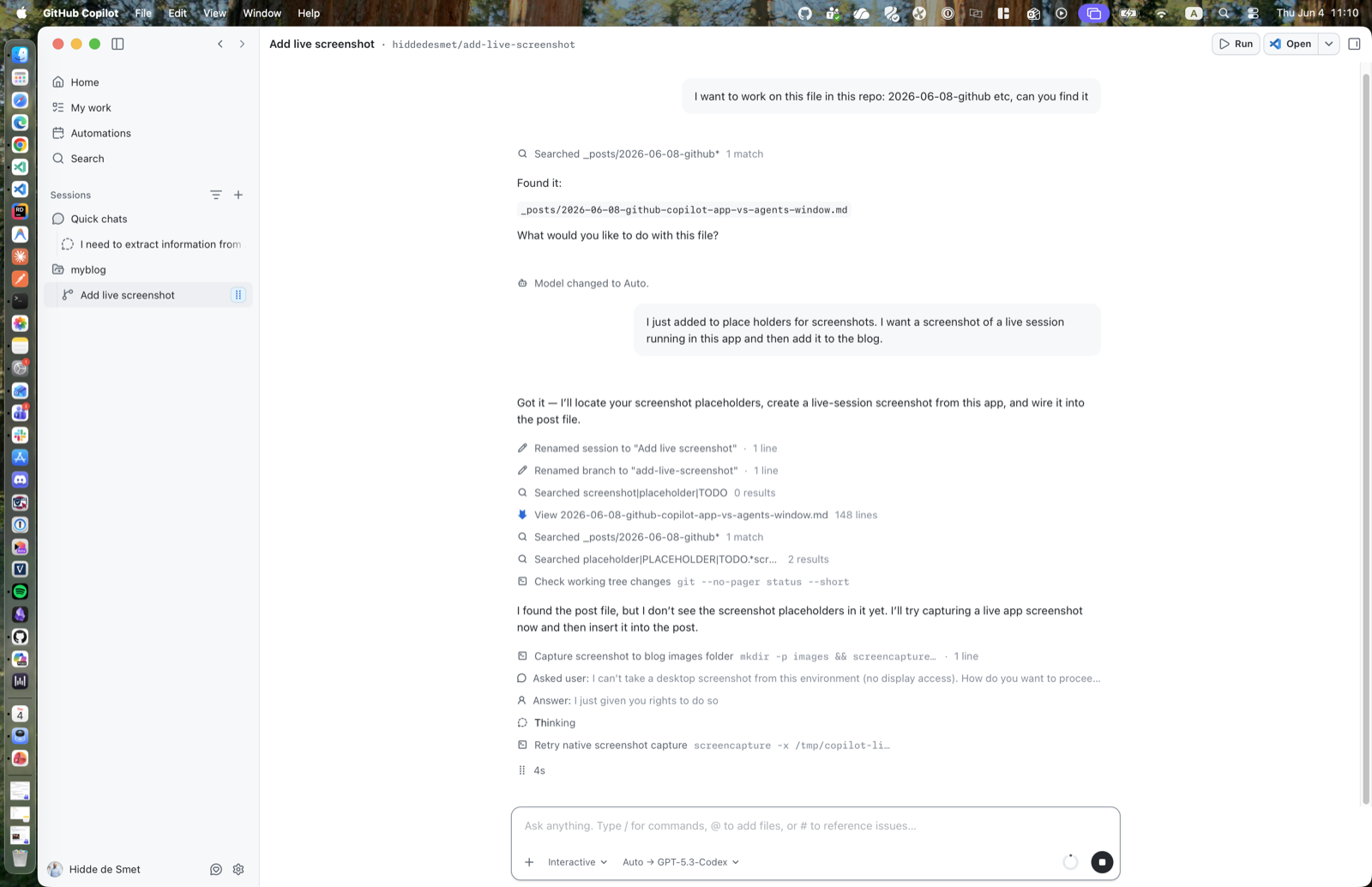 Live GitHub Copilot App session showing agent conversation, files, and terminal output
