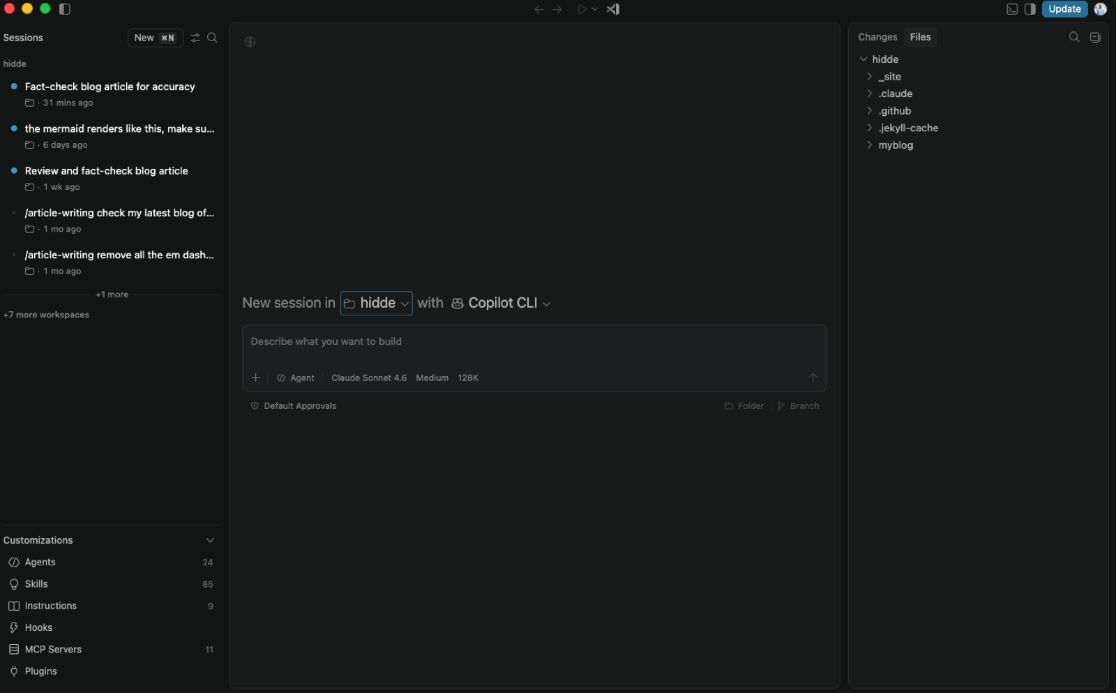 The VS Code Agents Window with the sessions list and Changes panel
